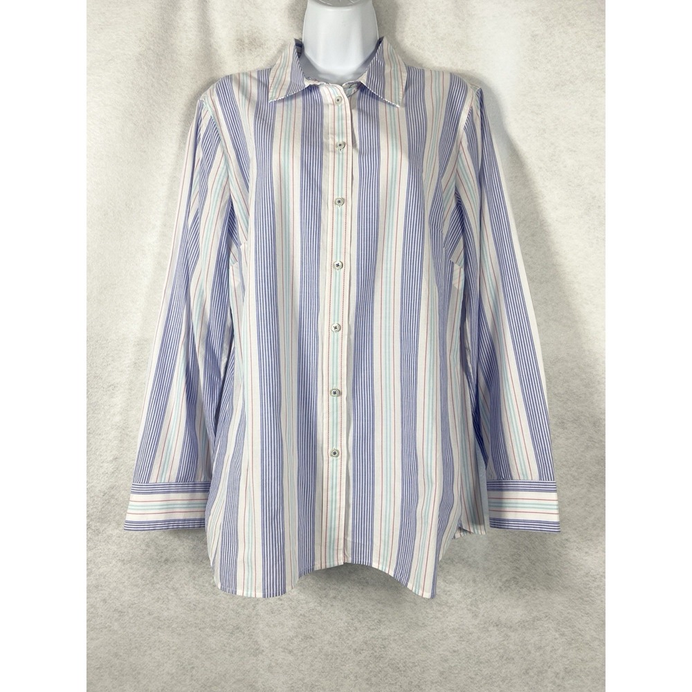 Talbots Topโ Women's Large White Blue Button Up Long Sleeve Striped Cotton New